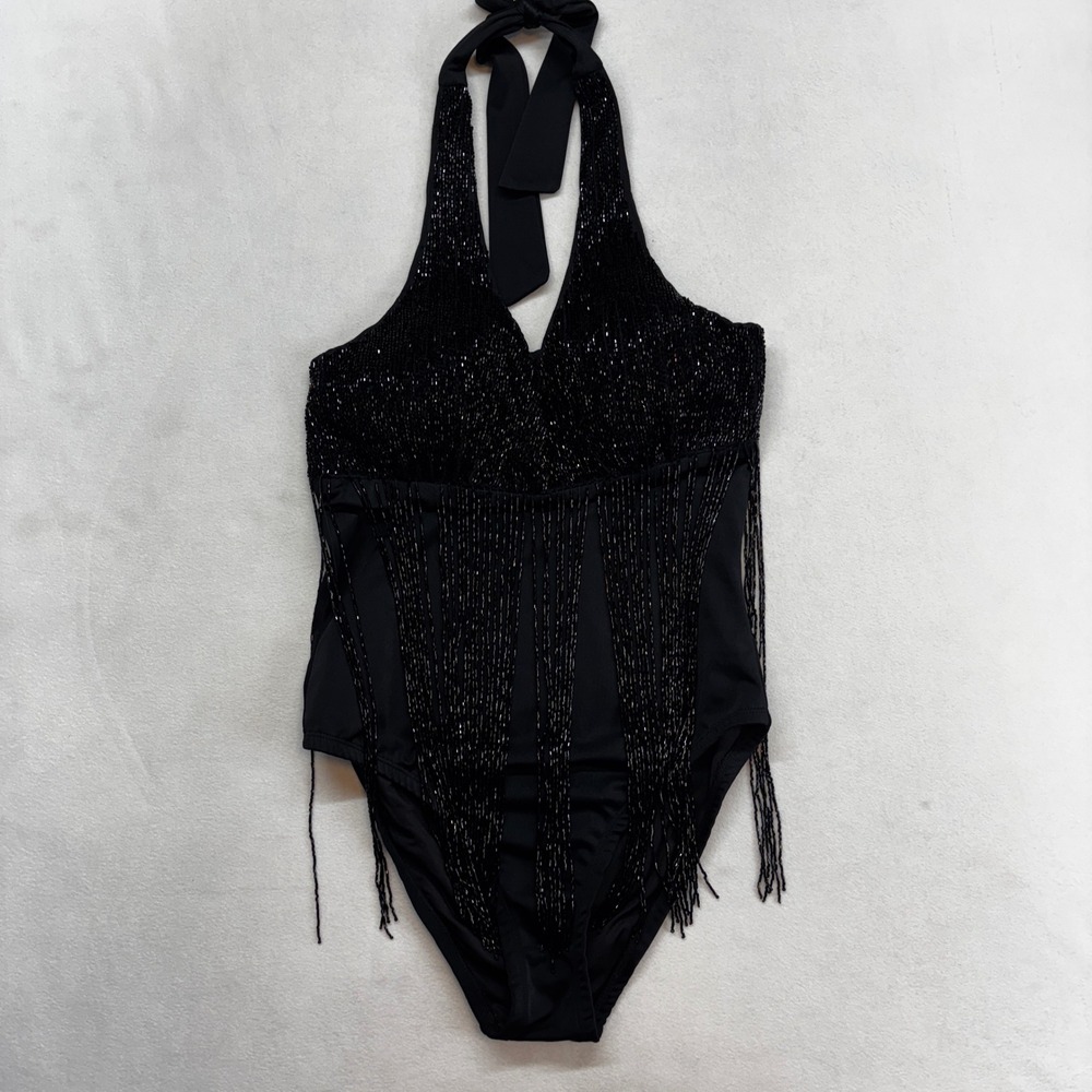 Amita Naithani Black Fringe Halter suit Size 6 Lace Trim Festival Boho - Picture 9 of 9